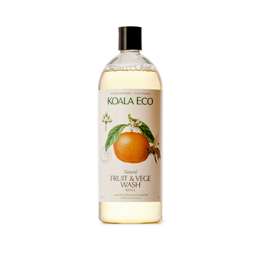 Koala Eco's Fruit & Vege Wash - Refill bottle features a label with orange and green leaves, set against a white background.