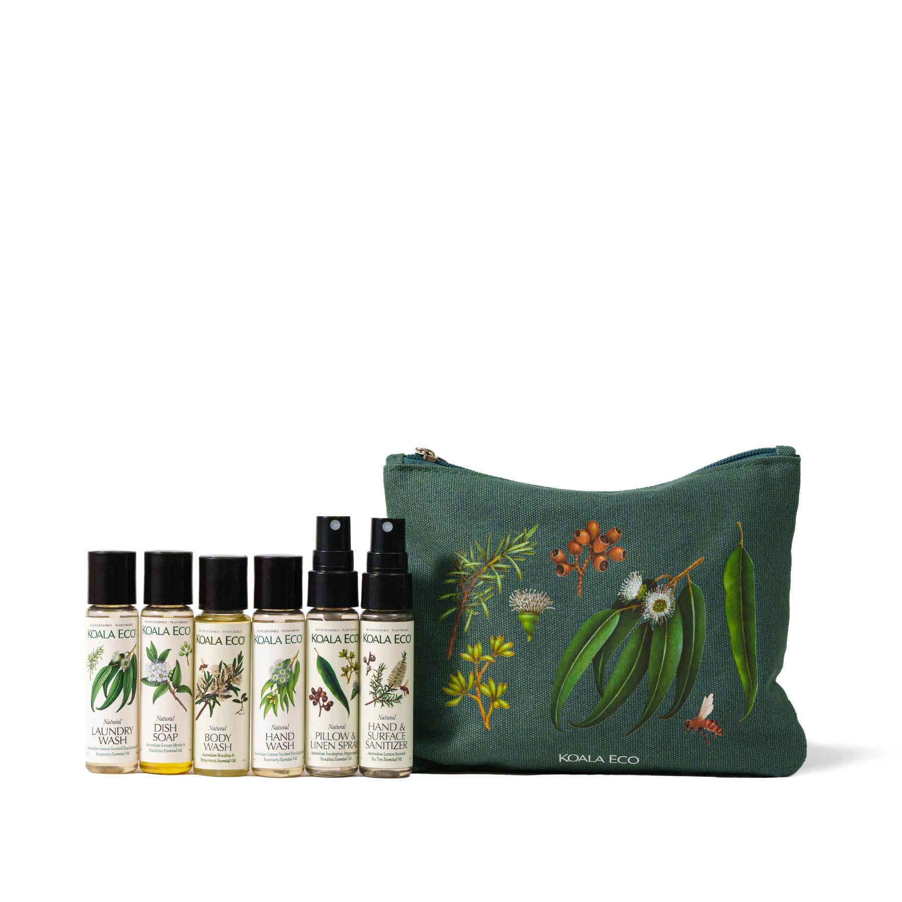 The Essentials Kit from Koala Eco, featuring a green pouch adorned with botanical illustrations, are six small bottles of Koala Eco products with white background.